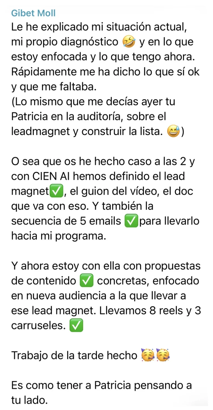 Mensaje de Gibet en el chat de CIEN: lead magnet, guion y secuencia de emails en una tarde