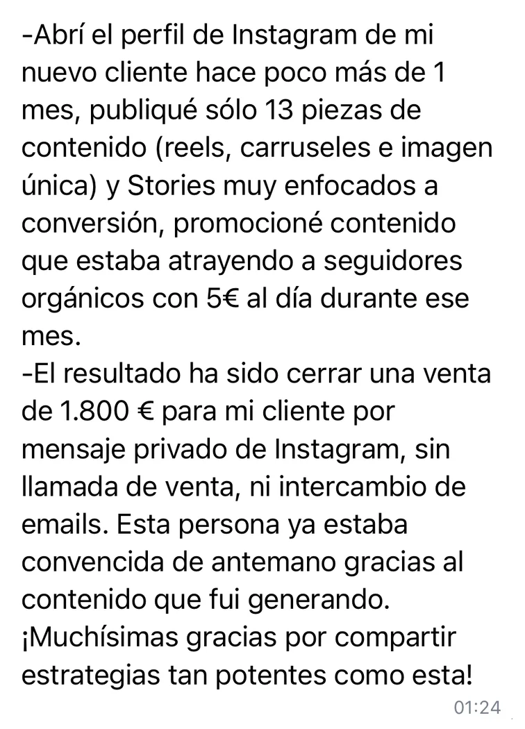 Comentario de Gracia en el chat de CIEN: cerró una venta de 1.800 € para su cliente por mensaje privado de Instagram