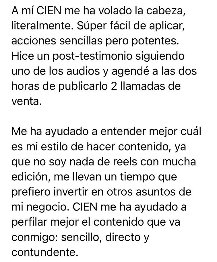 Mensaje de María en el chat de CIEN: agendó 2 llamadas de venta dos horas después de publicar