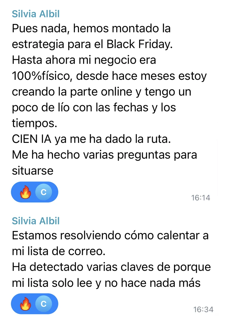Mensajes de Silvia en el chat de CIEN: estrategia de Black Friday y diagnóstico de su lista