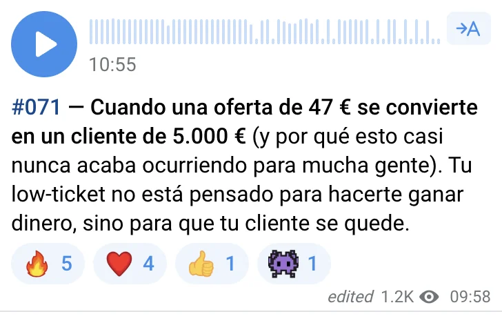Training #071 en Telegram: Cuando una oferta de 47 € se convierte en un cliente de 5.000 €